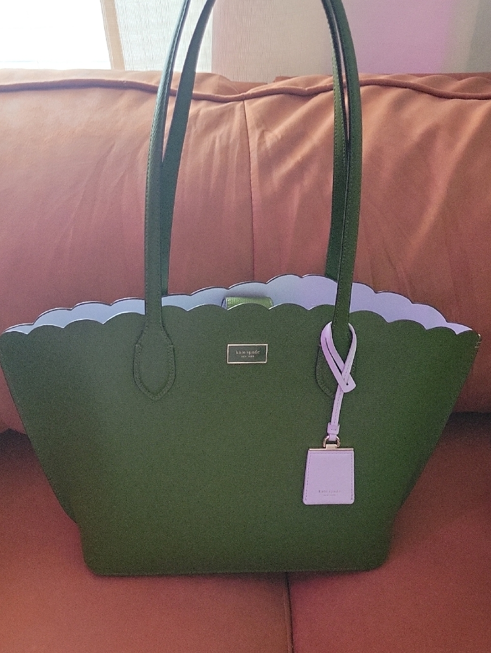 kate spade green tote with lilac scallop trim Mint Condition, Never Used.